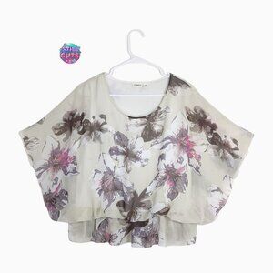 Cato Women’s Blouse XL Beige Floral Print Sheer Layered Short Sleeve Top